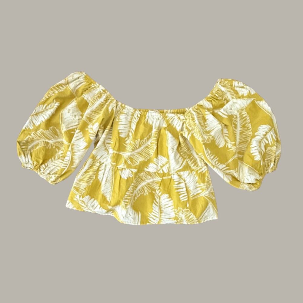 Sim & Sam Chartreuse Palm Leaf Puff Sleeve Crop Top Small 100% Cotton